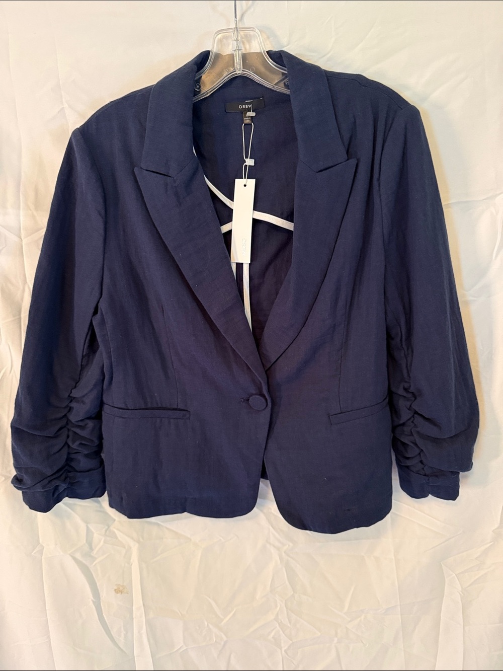 Navy Ruched Sleeve cotton Blazer Jacket - Women